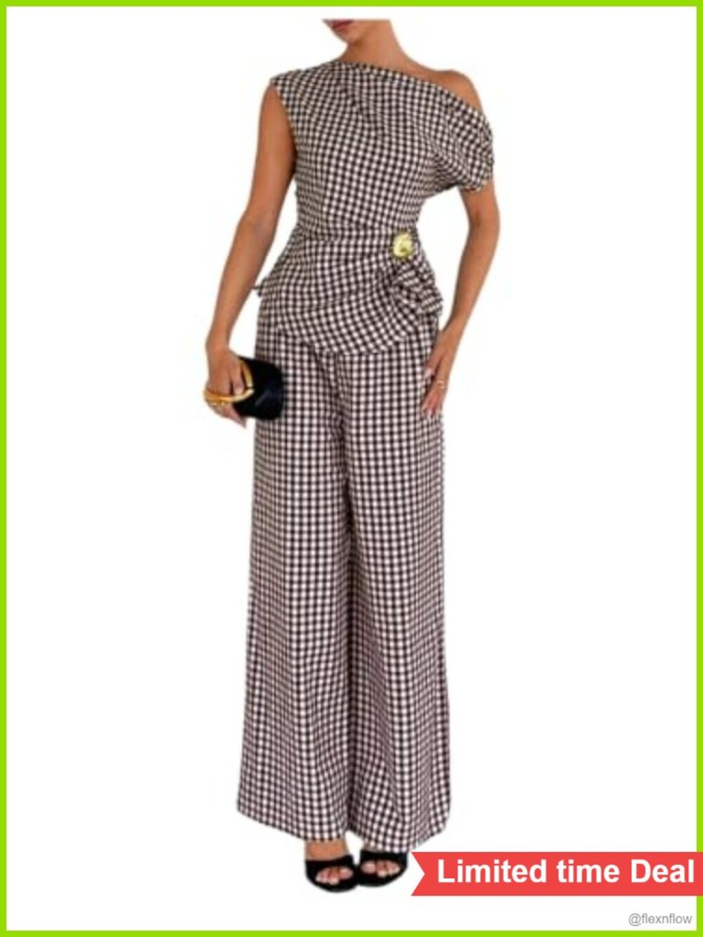 RoseSeek Women's Two Piece Pants Set Asymmetrical Gingham Top Wide Leg Pants